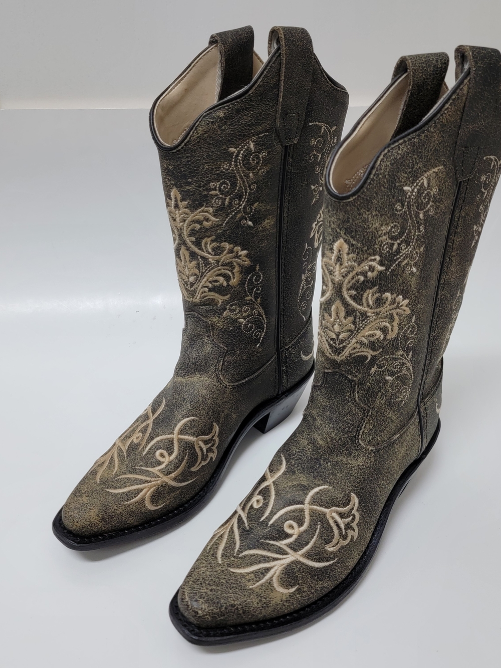 Old West Kids Girls Gray Distressed Western Leather Floral Cowgirl Boots Sz- 3